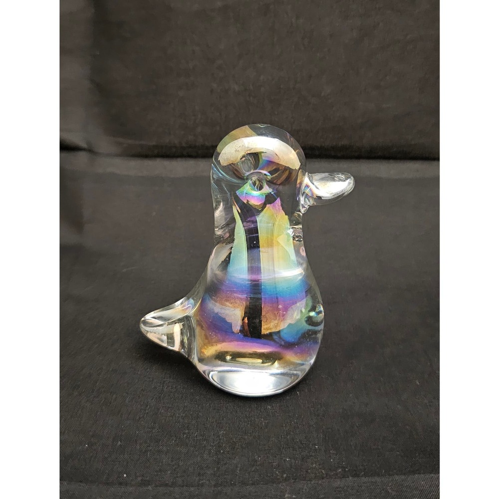 Vintage Clear Iridescent Glass Duck Paper Weight/ Figurine